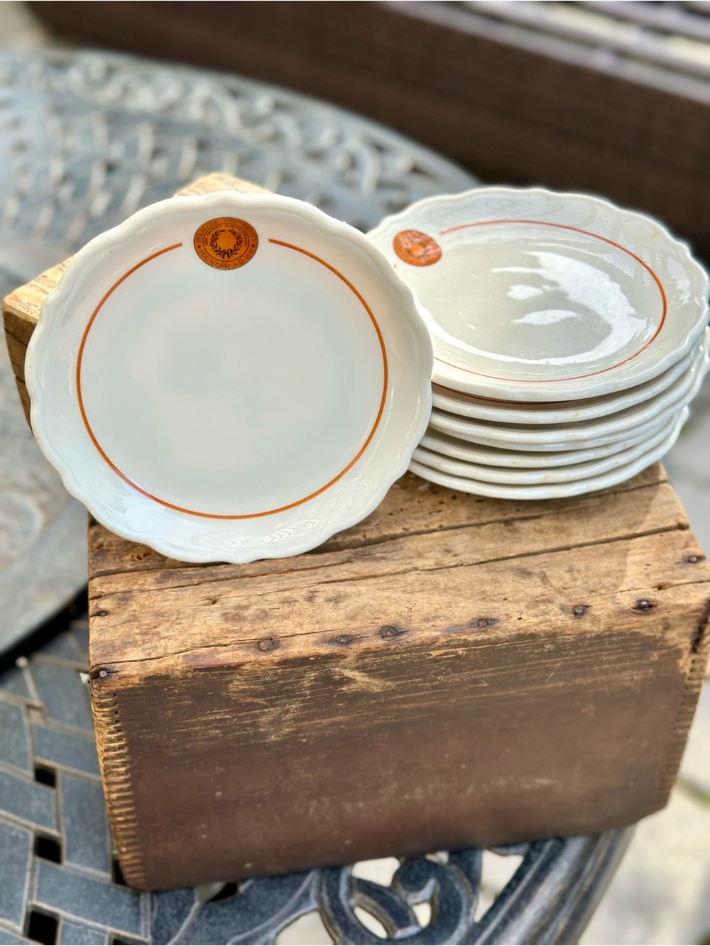 White Ceramic Salad/Dessert Plates with Orange Rim - Set of 8